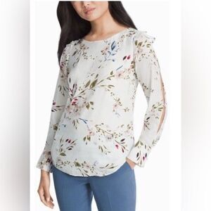 4 White House Black Market Ruffled White and Pink Blouse small